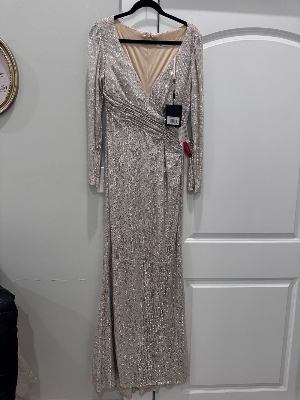 Ieena for Mac Duggal Sequin Long Sleeve V-Neck Evening Gown in Champagne size 8